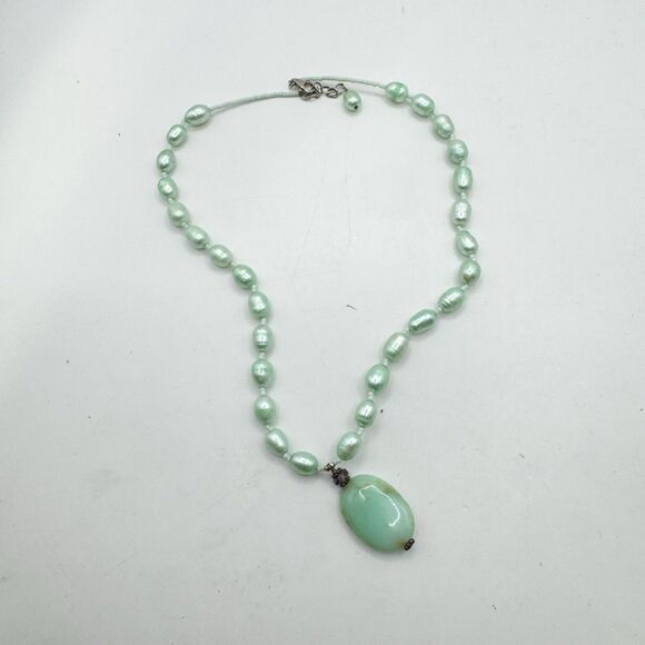 Green Nugget Baroque Pearl Necklace With Amazonite Pendant Sterling Silver 18” - Picture 10 of 15